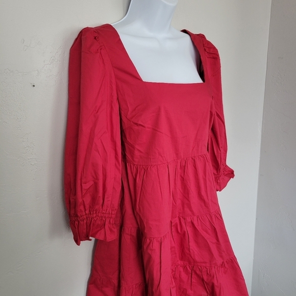 Day + Moon NWT Women's Small Red Quarter Sleeve Mini Dress Square Neck Tiered - Picture 4 of 9